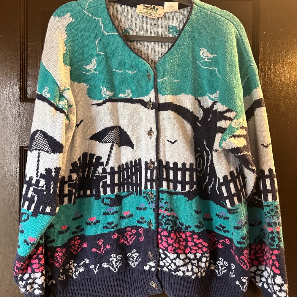 Northern Reflections Coastal Scene Button-Front Cardigan - Teal/Navy/Pink/White